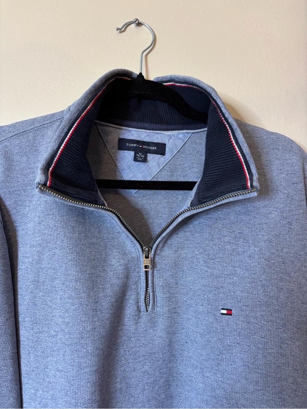 Tommy Hilfiger Blue Quarter-Zip Sweater with Navy and Red Trim